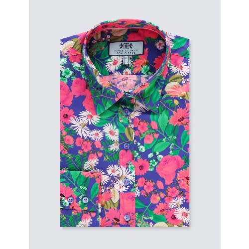 Women's Blue & Pink Multi Floral Print Semi Fitted Shirt - Single Cuff