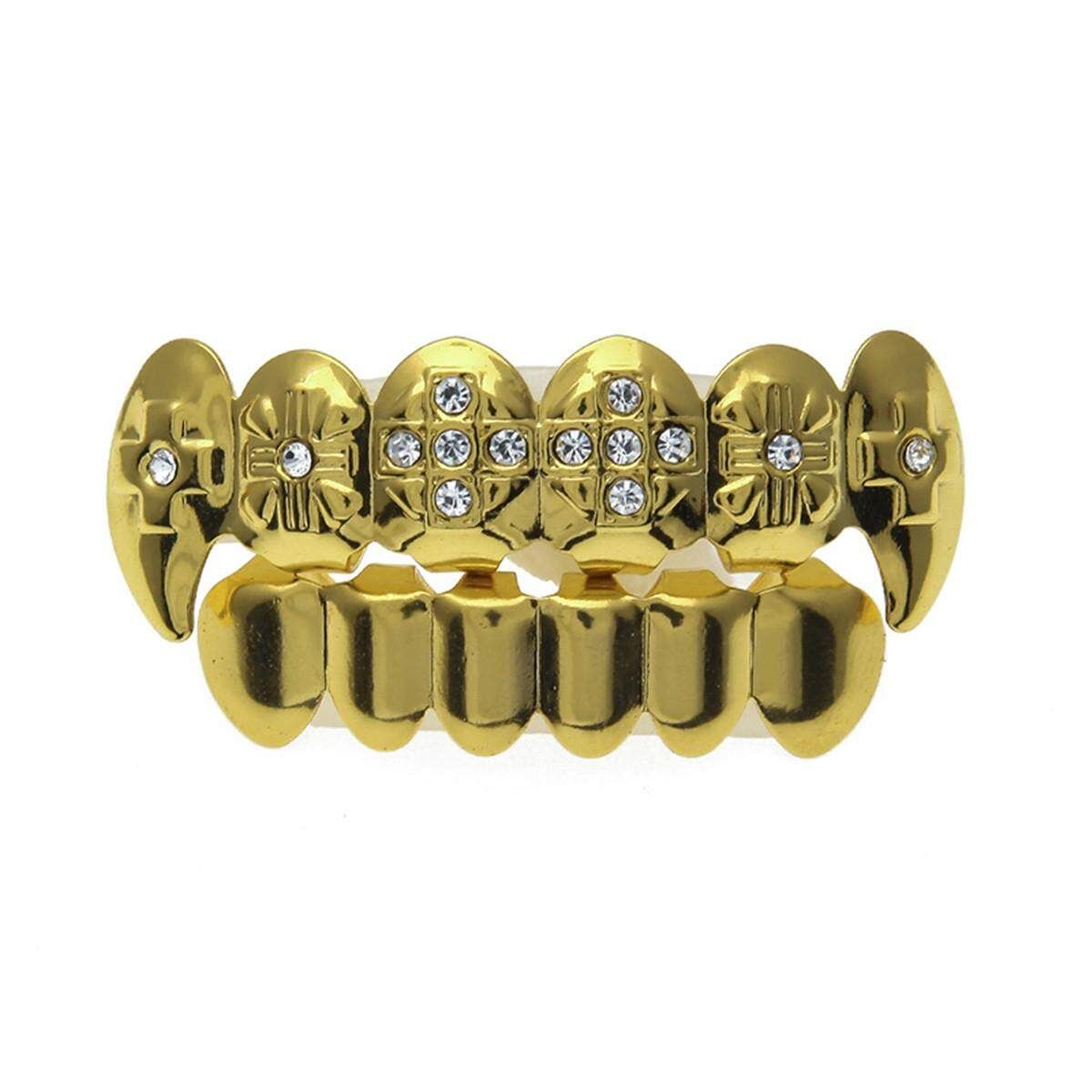 Gold Silver Rhinesto Plated Hip Hop Teeth Grillz Top Bottom Grill Teeth Grills # Semi-Diamond Gold Set Gold Suit (half Diamond)