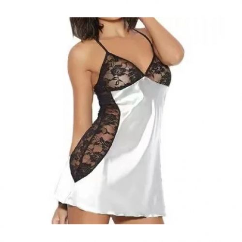 Women Satin Nightgown Lace Sleepwear White