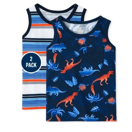 Boys Dinosaur Striped Sleeveless Tank Top - Blue Orange- 2 In 1 Pack
