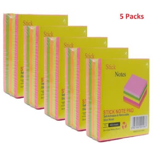 Sticky Note Pad - 400 Sheets- 76mm X 76mm - 5 Packs