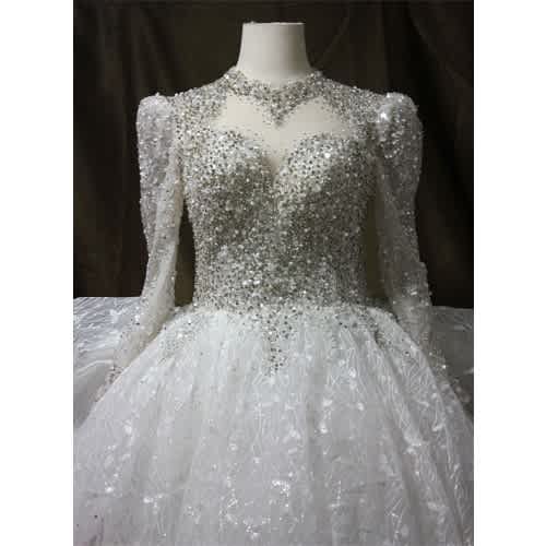 Long Sleeve Sparkly - Stoned High Neck Wedding Dress