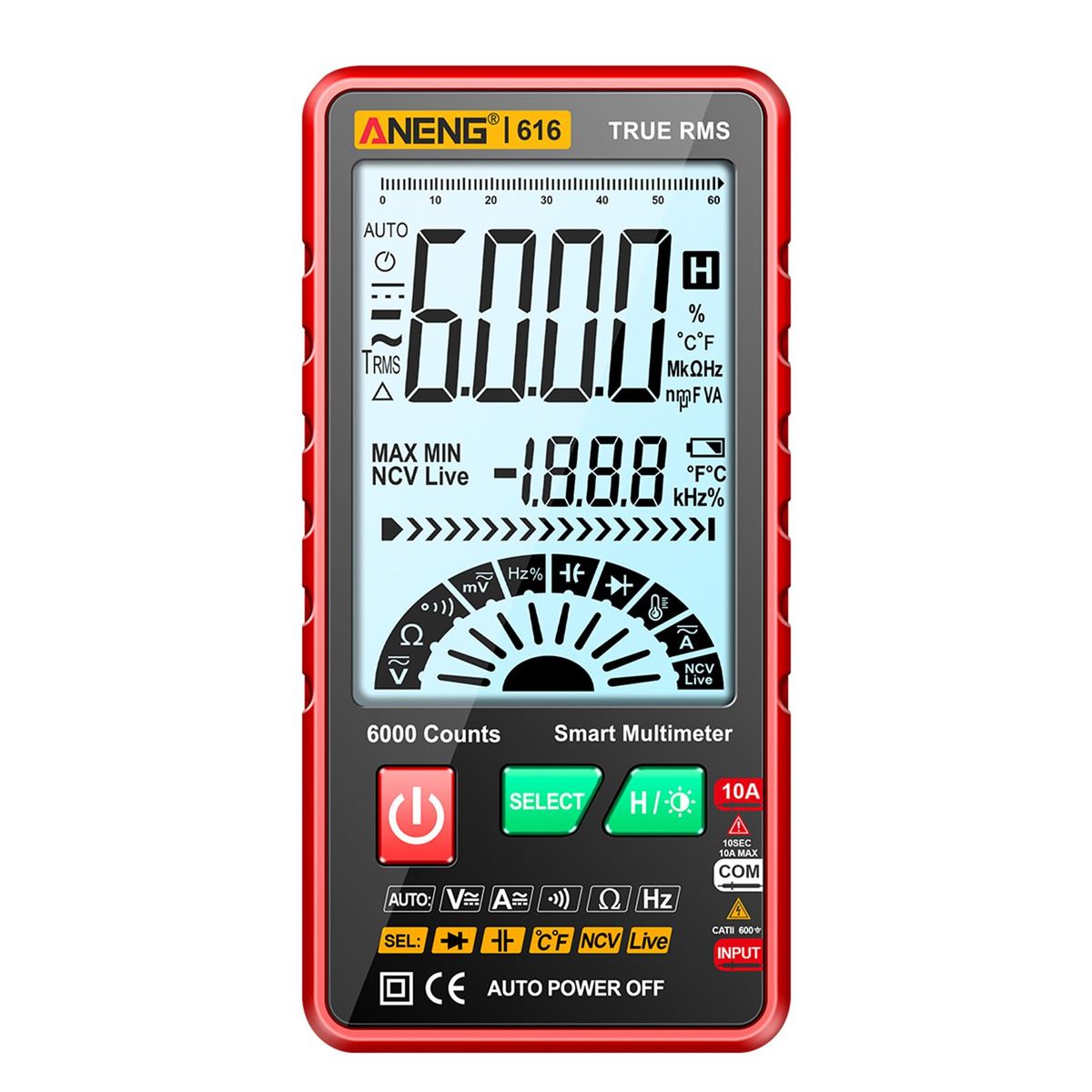 ANENG 616 Smart Digital Multimeter Auto Range 6,000 Counts NCV Universal Meter True RMS Handheld Multifunctional Tester Voltmeter Ammeter with Backlight Flashlight AC/DC Voltage & Current Resistance Capacitance Frequency Measurement
