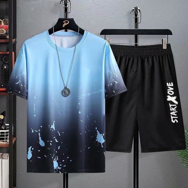2 In 1 Men's Ice Silk Short Sleeve Suit-Blue Gradient