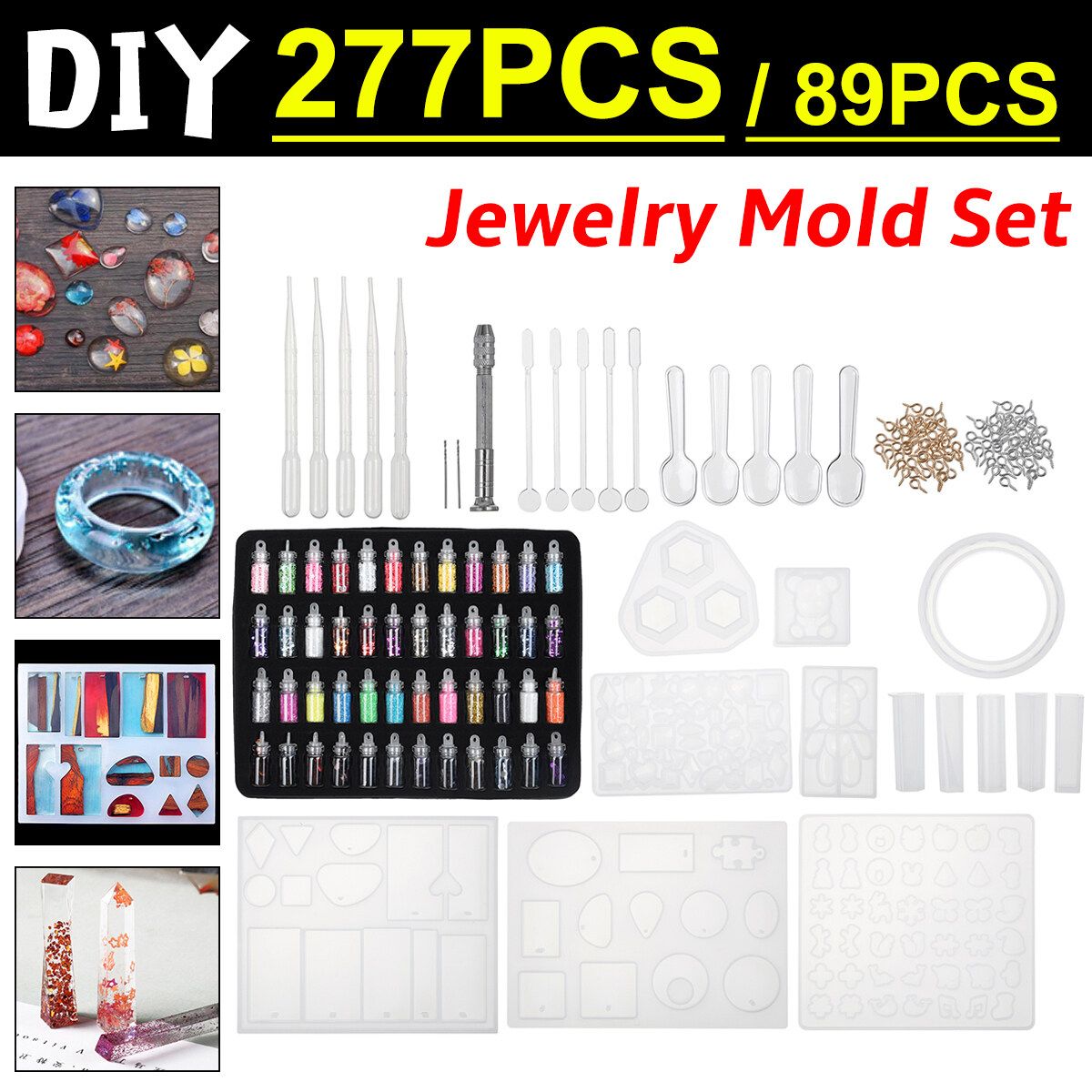 277PCS/89PCS DIY UV Resin Mold Set 2 Styles Resin Casting Molds Kit Jewelry Pendant Silicone Mold With Hard Type Crystal Jewelry Making Tools