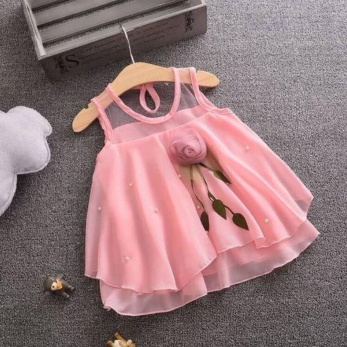 Girl Mesh Skirt Sleeveless Beaded Princess Dress - Pink