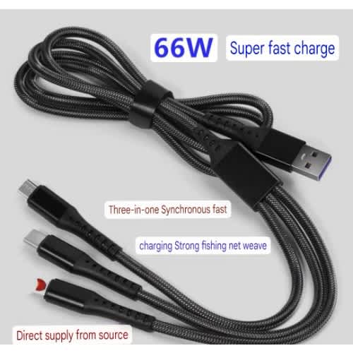3-in-1 Fast Charger Mobile Phone Cord - Black
