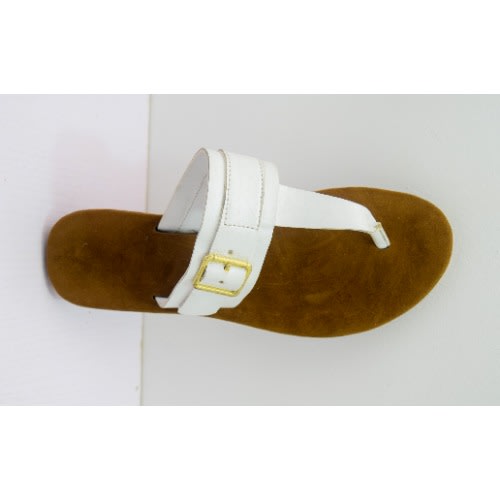 Women's Leather Pam Slippers With Buckle- White + Brown