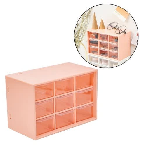 9 Grid Storage Boxes Organizer - Transparent Small Partitioned Desk Wall-mounted Drawer - Pink
