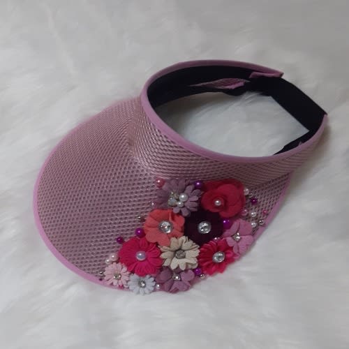Pearl Flowery Visor Hat - Free Size - Pink
