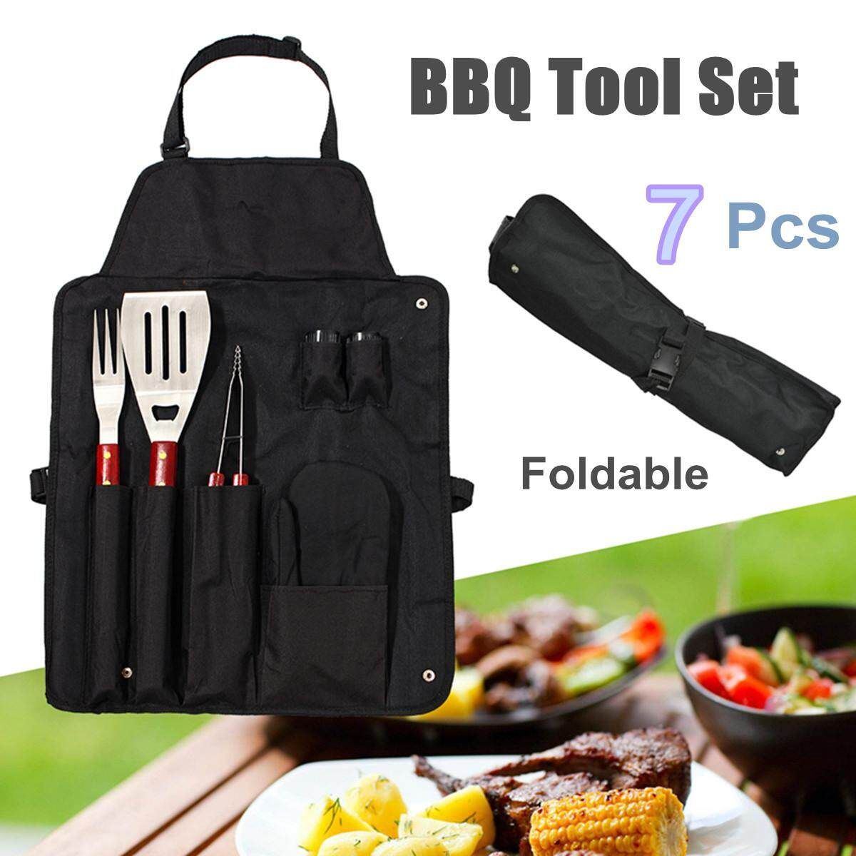 7PC BBQ Tools Grill Set Stainless Steel Cooking Kit Utensil With Apron Storage