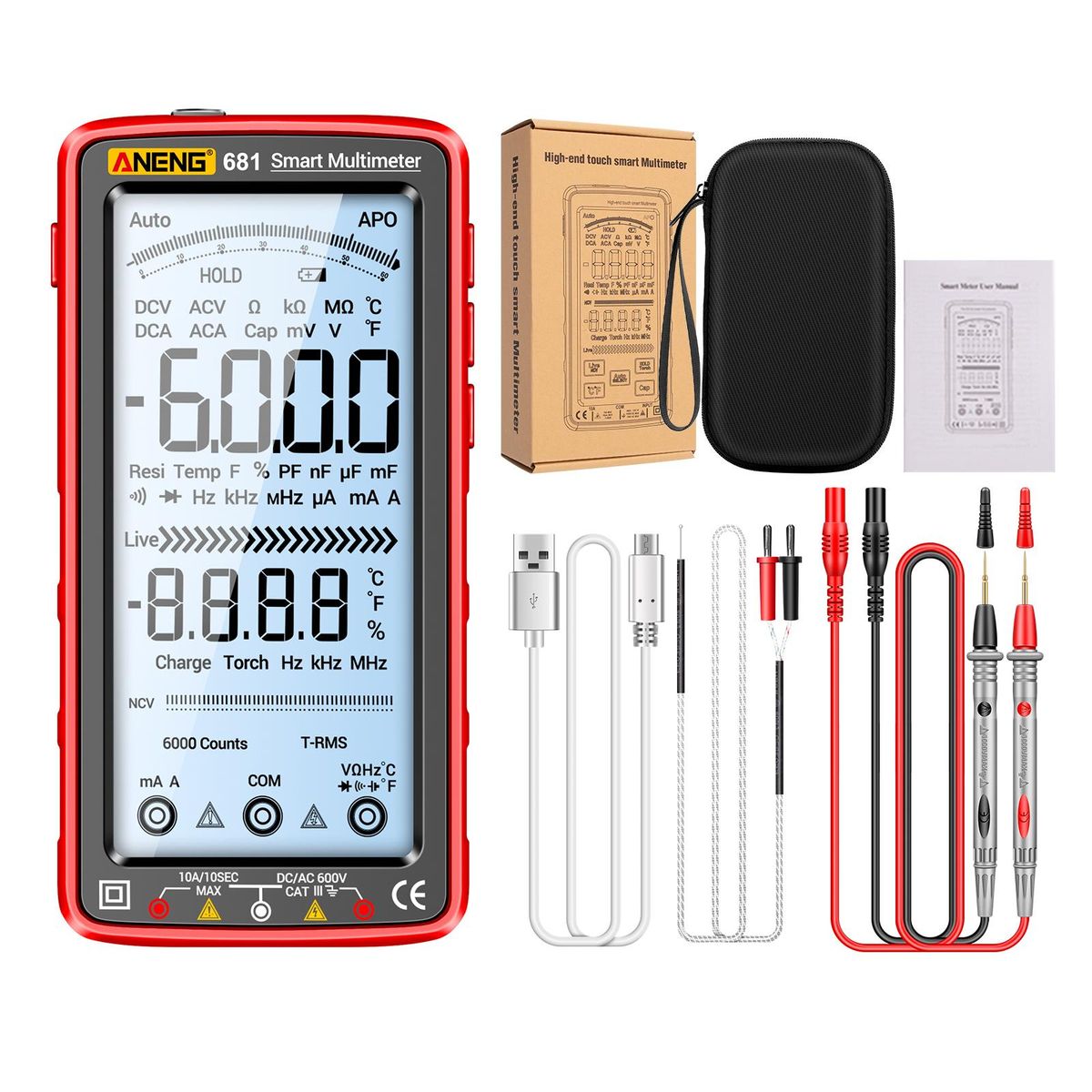 ANENG 681 6000 Counts Digital Multimeter Smart Anti-burn Rechargeable Universal Meter NCV Tester 5-inch Large LCD with Backlit Flashlight for Voltage Current Resistance Capacitance Temperature Frequency On/Off Diode Measurement