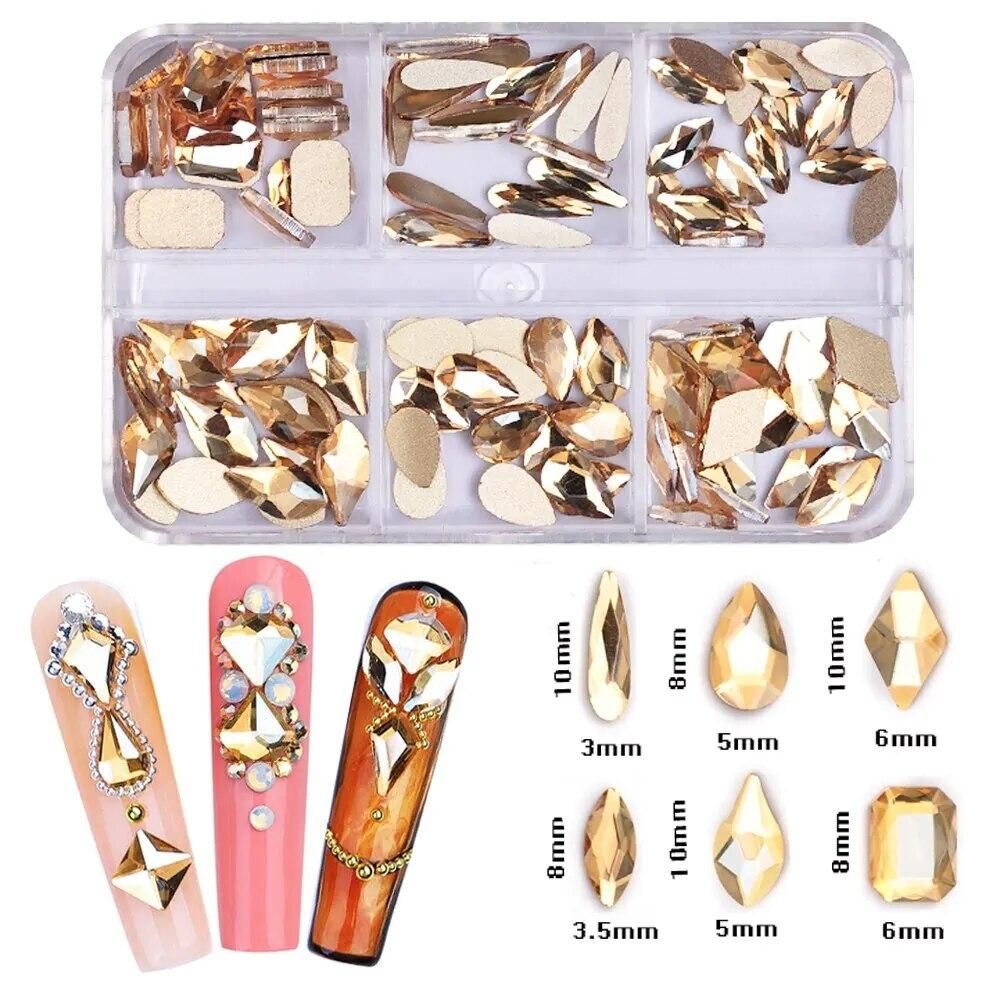 6 Grids 120pcs Mixed Shapes Golden Shadow Nail Rhinestones Nail Charms Accessories Flat Back 3D DIY Nails Art Decoration