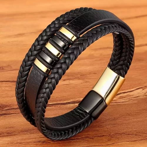 Men 3 Layer  Leather Bracelet -Black
