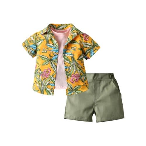 3piece Pattern Set - Plain Tee, Shirt & Short