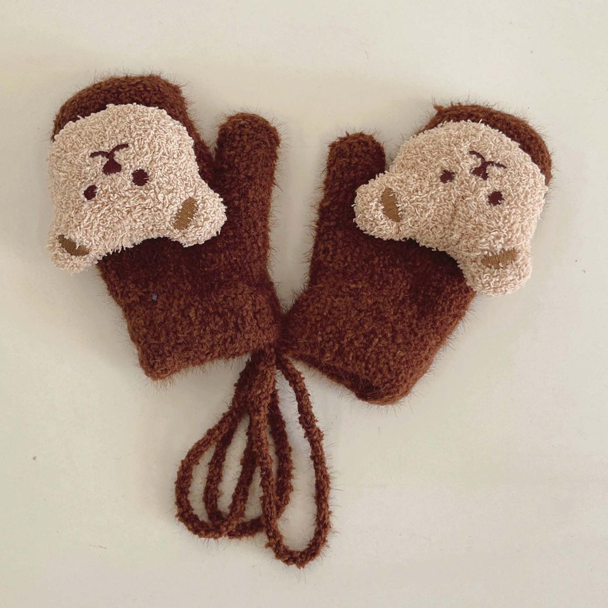 1 Pair Children Mittens Fall Winter Boys Girls Kids Bear Decor Knitting Coffee