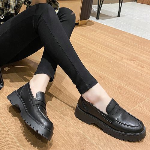 Female British Style Thick-soled Casual Loafers Genuine Leather Shoes Black