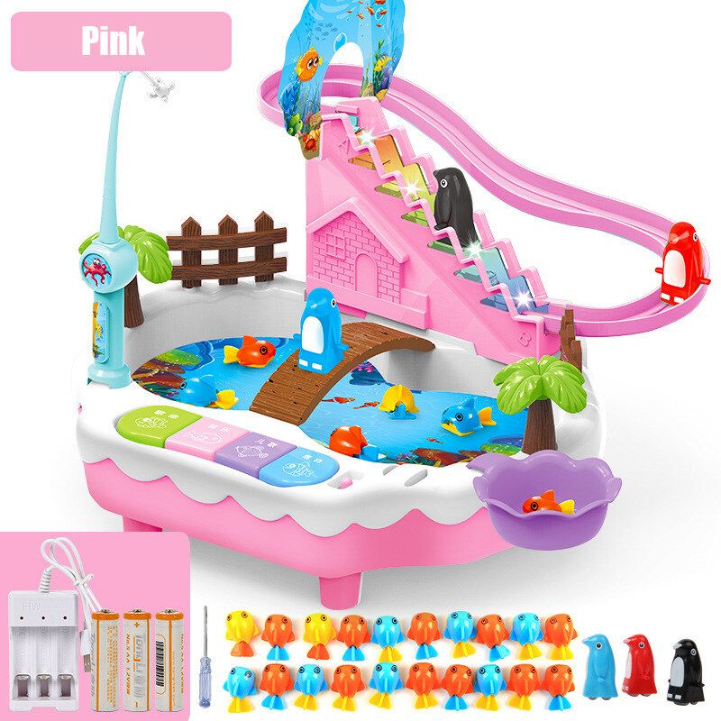 Kids Toys Electric Water Cycle Electric Magnetic Toy Penguin Climb Stairs Track Music Piano Light Electric Pink