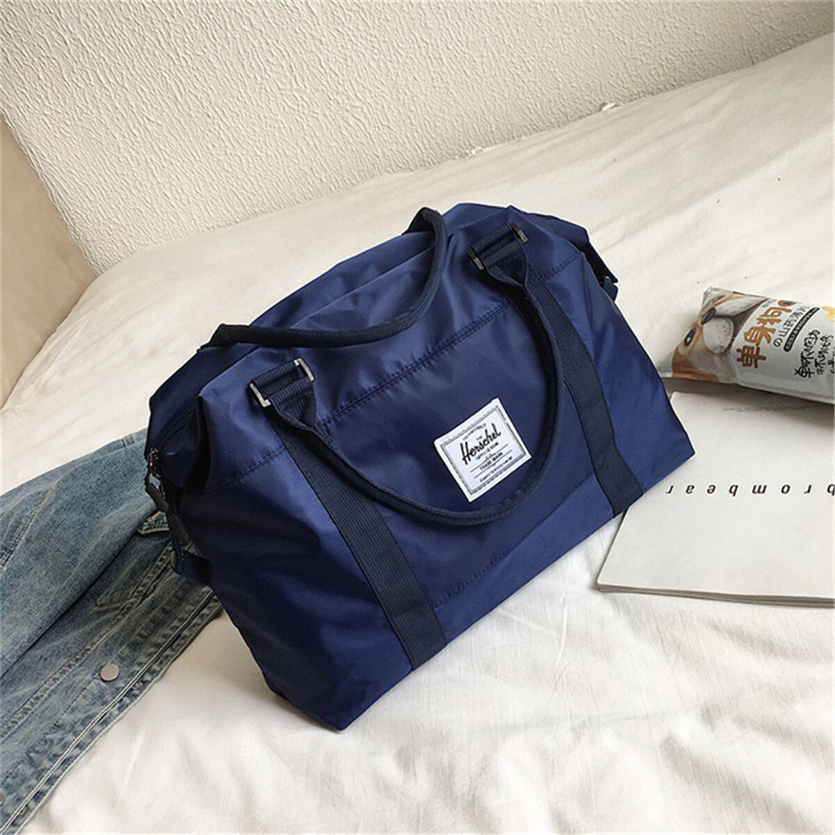 Waterproof Nylon Luggage Weekend Gym Bag Carry On Handbag Tote Sport Bags For Men And Women Blue
