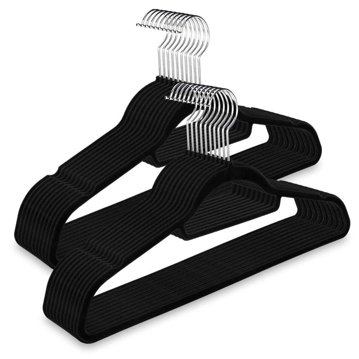 20Pcs Non-Slip Flocked Adult Clothes Hangers Non-Slip Coat Trouser T-Shirt Hook Hanger Cloth Drying Hanger Space Saving Black