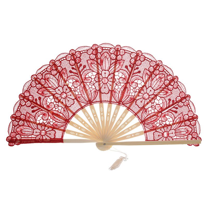 Antique Main Dance Crafts Fan Arts Folding Out Hollow Embroidered Vintage Bamboo Red A Chinese Hand Eventail Lace Fan