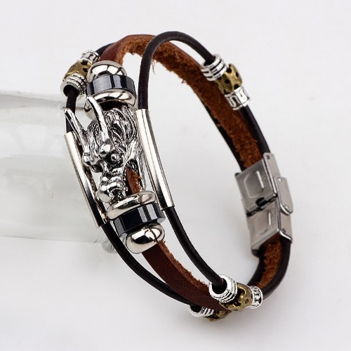 Alloy Silver Tibetan Dragon Bracelet Multi-layers Leather Bangle