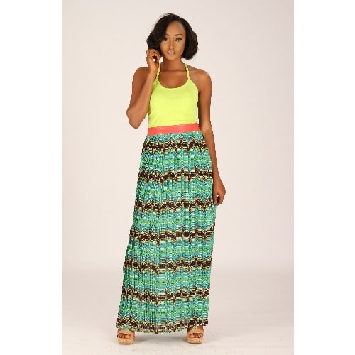 Pleated Skirt with Leather Waistband - Green and Orange