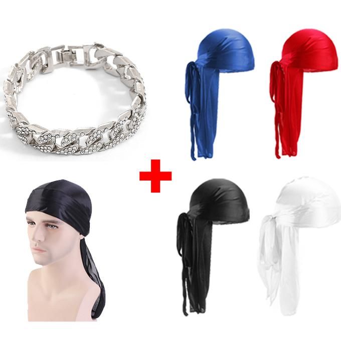 Titan Durags 4 SET Headwraps + Silver Diamond Cuban Hand Chain UNISEX Pirate Cap