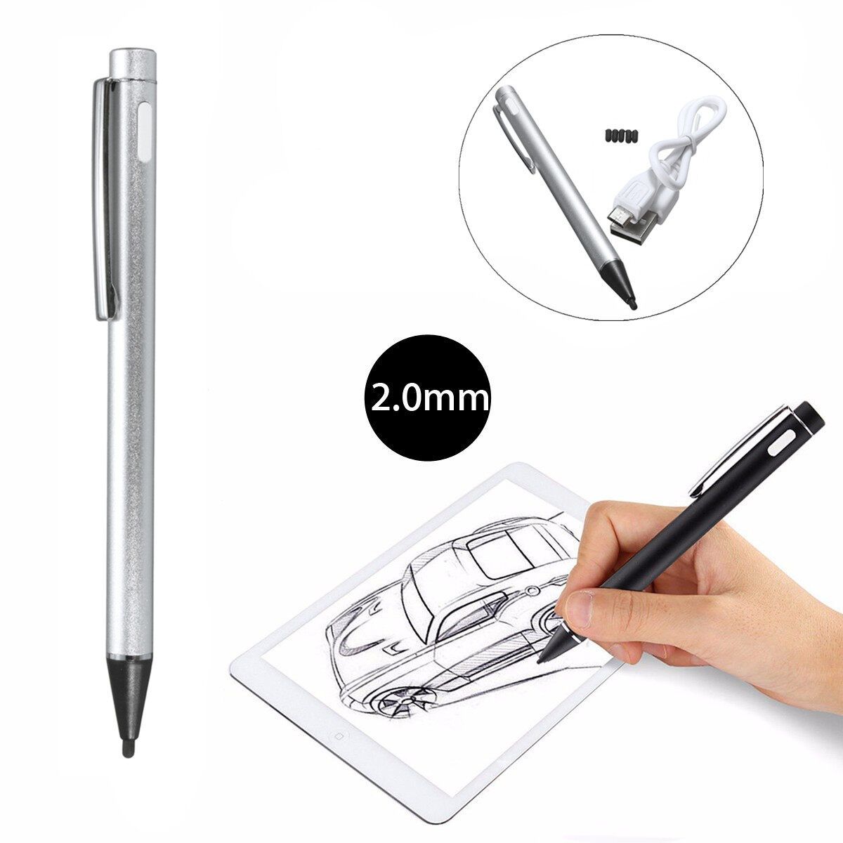 Universal 2.0mm Rechargeable Active Stylus Capacitive Screen Touch Drawing Pens Silver