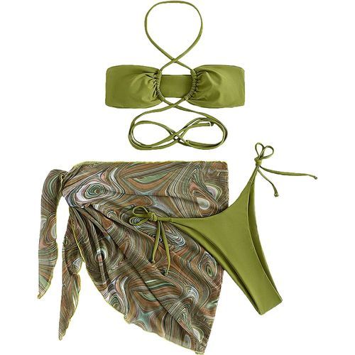 Floerns Women's 3 Pcs Bikini Set Lace Up Halter Swimsuit