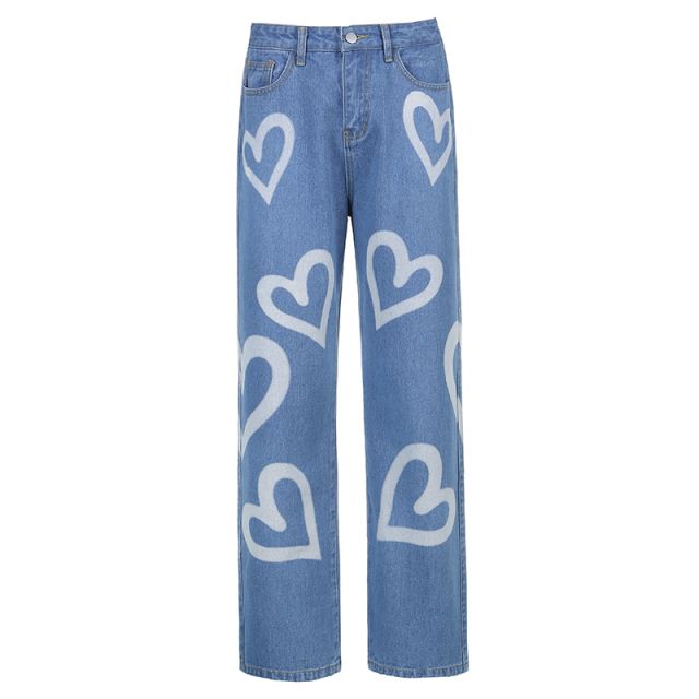 Sweetown Brown Baggy E Girl Jeans Women Heart Print New Aesthetic Explosive