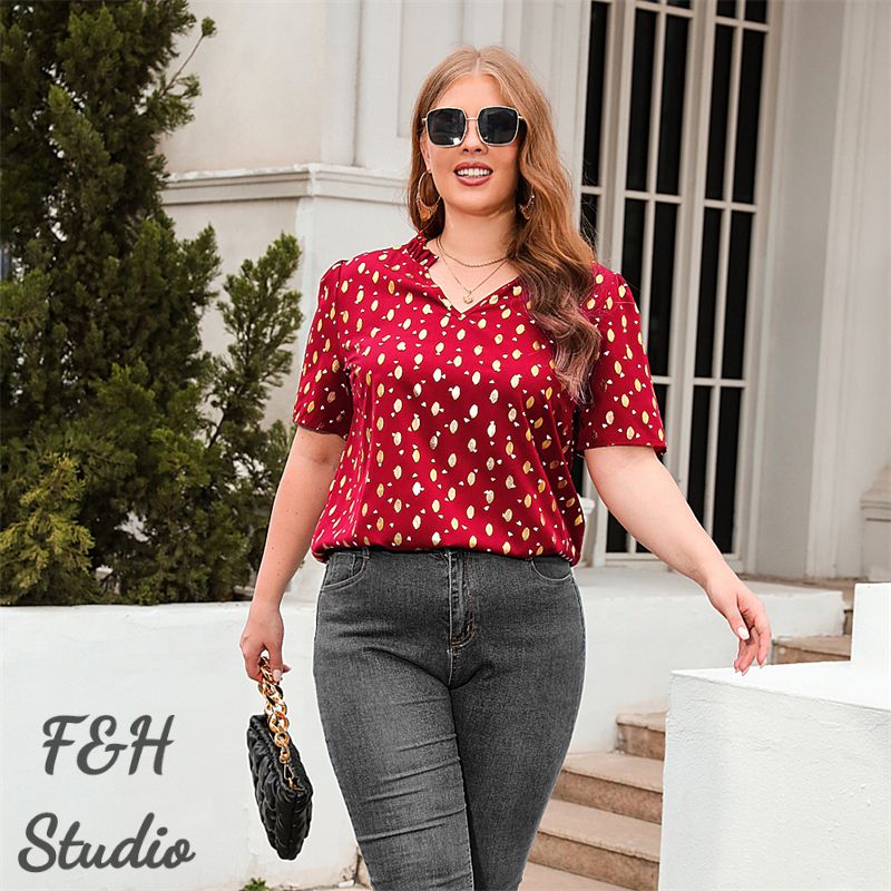 3285 Women V Neck Work Office Plus Size Blouse Red