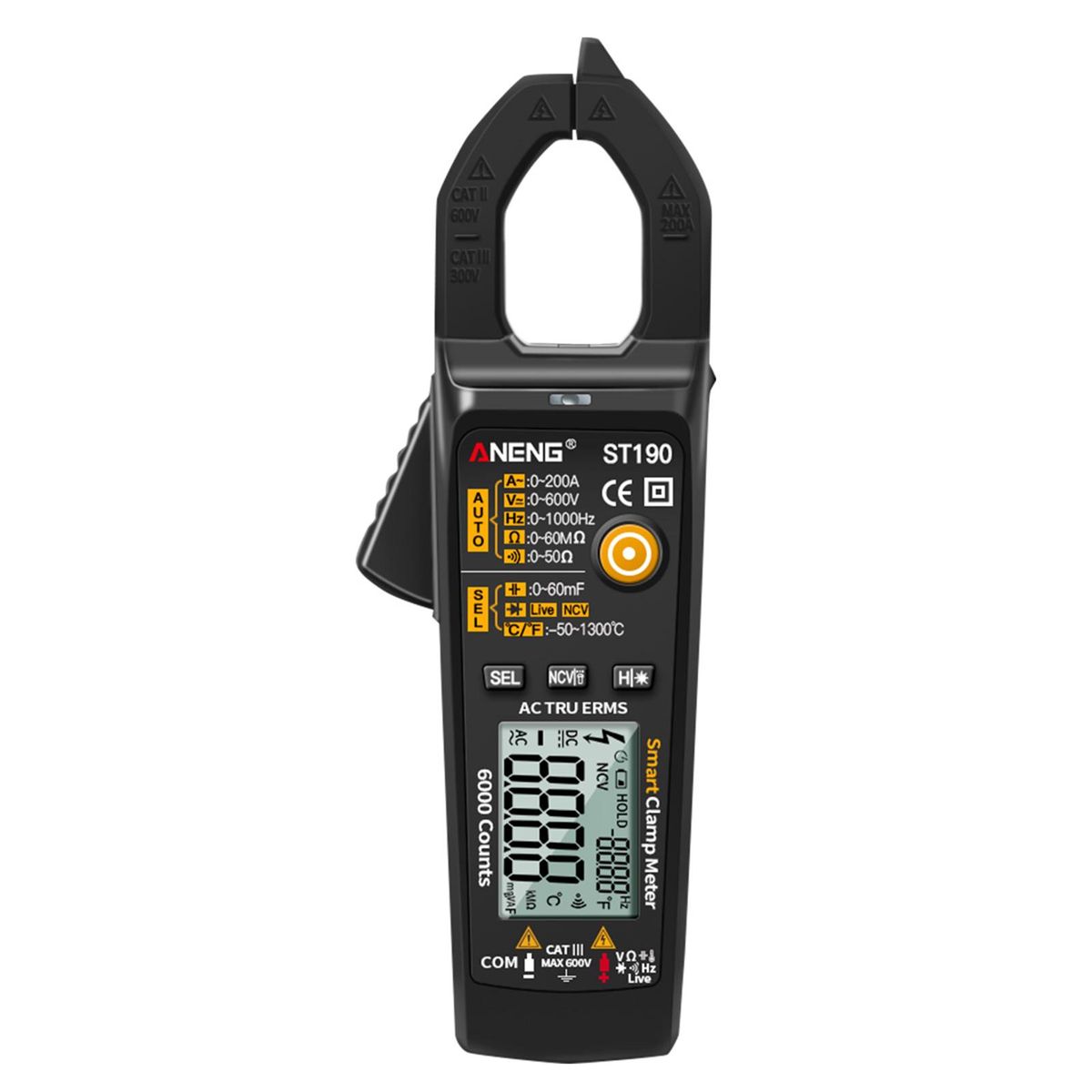ANENG ST190 Smart Clamp Meter 6000 Counts Auto-ranging Digital Multimeter LCD Screen AC DC Voltage AC Current Detector Pen Temperature Measuring LED Flashlight Multifunction Voltage Meter Continuity Resistance Frequency Testing with Alarm Buzzer