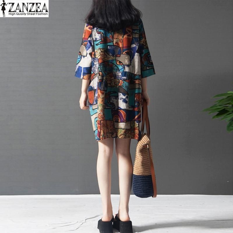 Women Round Neck Floral Printed Cotton Dress Elegant Ladies 3/4 Sleeve Casual Loose Shirt Dress Kaftan Vestido（Blue）