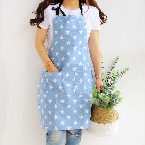 2 PCS Stars Pattern Kitchen Canvas Polyester Cotton Cooking Apron-L(Light Blue)