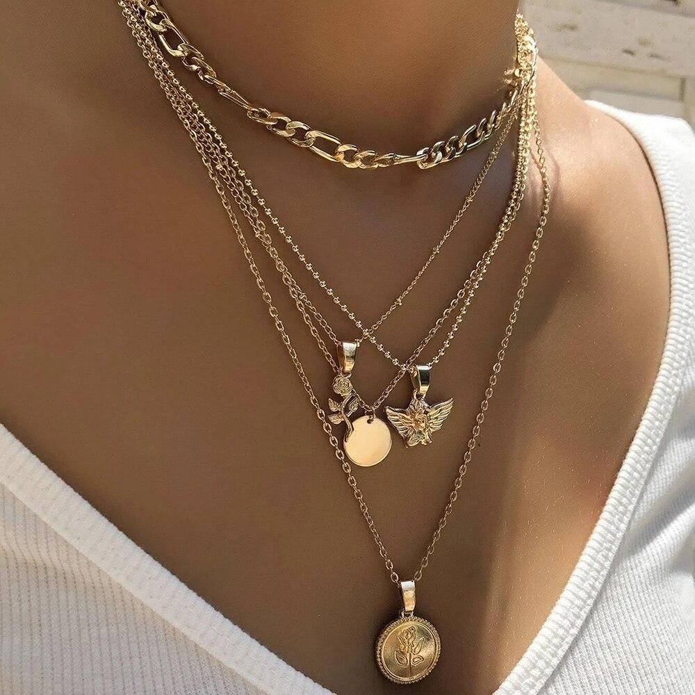 Fashion Multilayer Butterfly Gun LOVE Choker Necklace Female Geometric Thick Chain Butterfly Metal Pendant Necklace Jewelry Gift