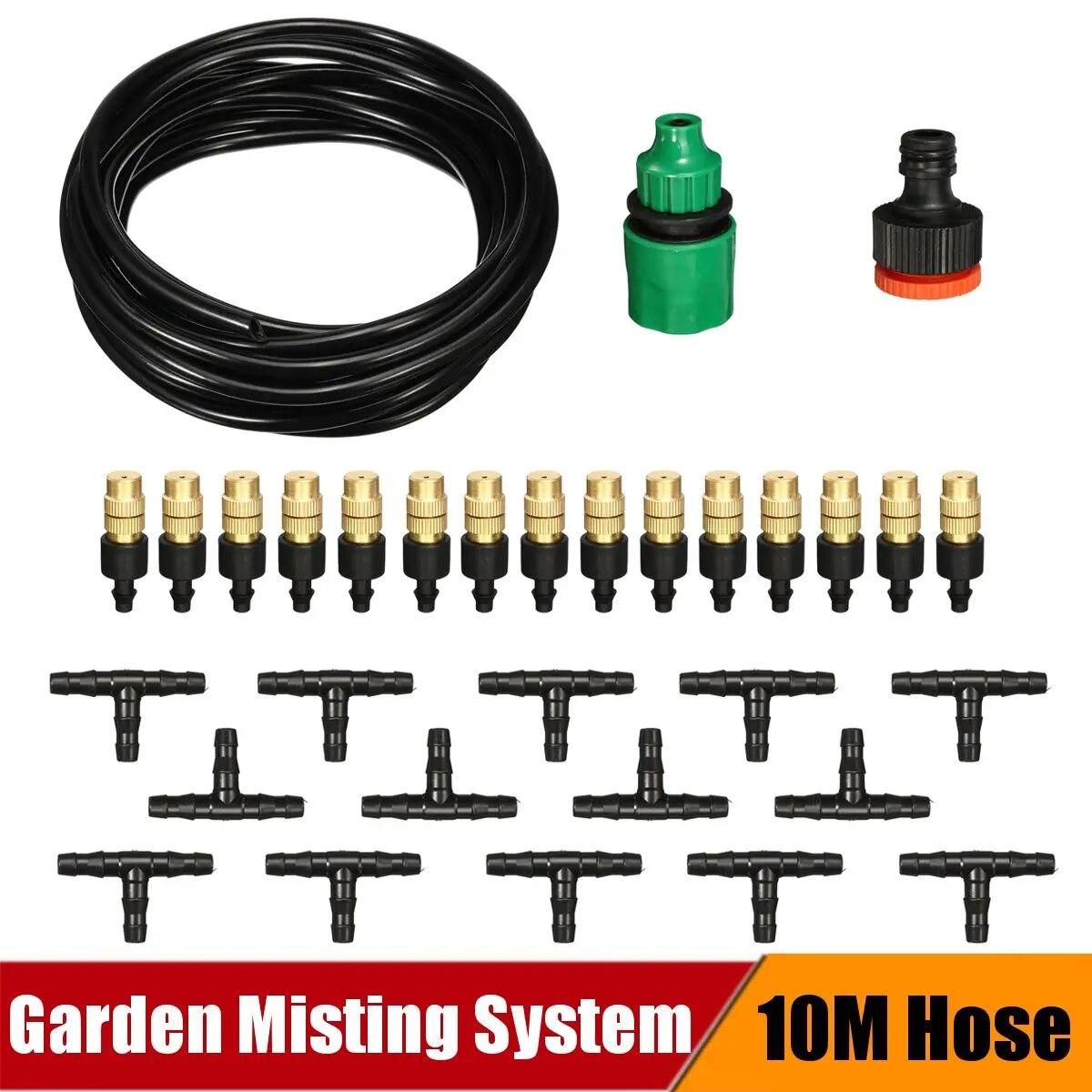 10M Outdoor Patio Cooling Misting System Water Spray Mist Atomizing Hose Nozzles Set Garden Greenhouse Irrigation Watering Kit