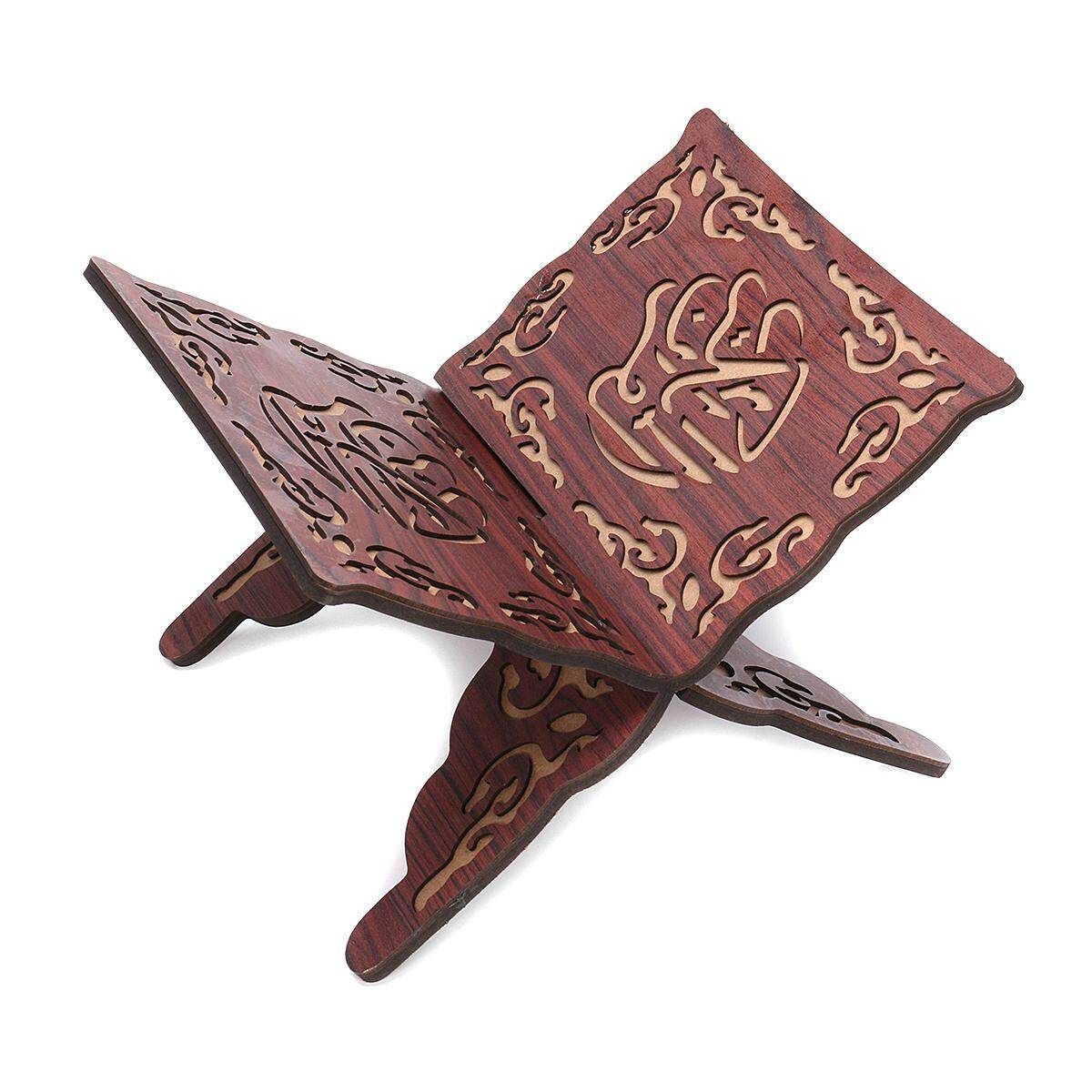 Holy Quran Holder Book Stand Rihal Rehal Wooden Carved Eid With Gold Star Design Wine Red