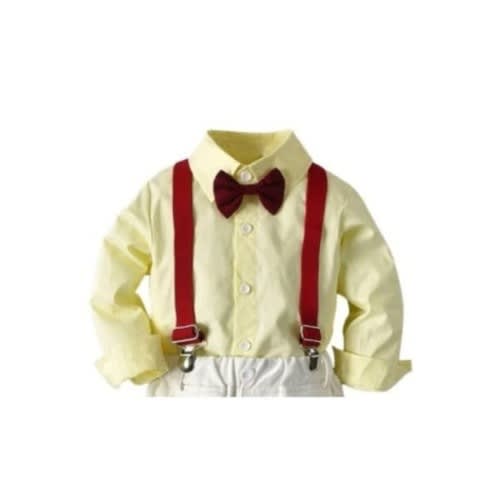 Kids Unisex Dress Shirt With Matching Bowtie And Suspender - Light Yellow/wine