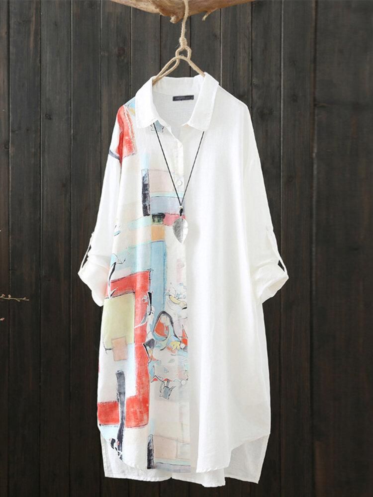 Women Graffiti Print Lapel Side Split Long Sleeve High Low Hem Casual Blouses