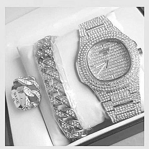Bold Set Of Iced Wristwatch With  Cuban Bracelet  And Ring