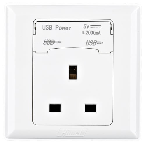 Himel Socket, Advanced Series, 13 A, 1 Gang, With 2 Usb 2.1 A, White - HWDA13USB