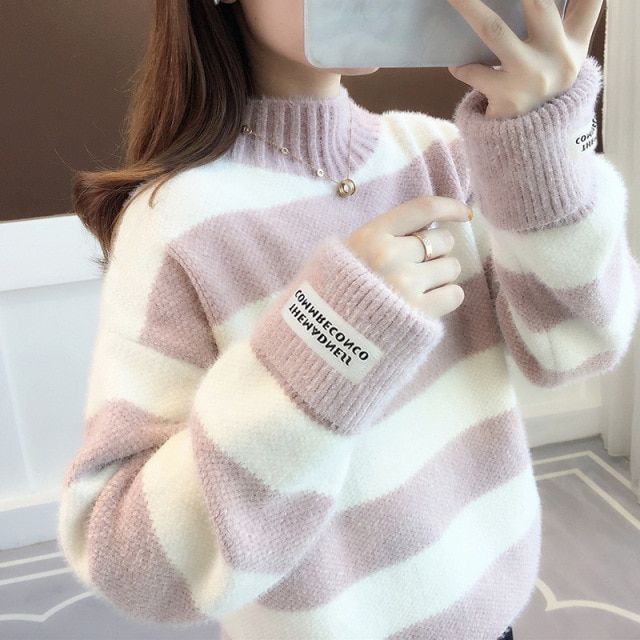 Women's Sweater Turtleneck Women Thick Striped Jersey