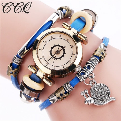 Snail Pendant Women Leather Bracelet Watch - Blue