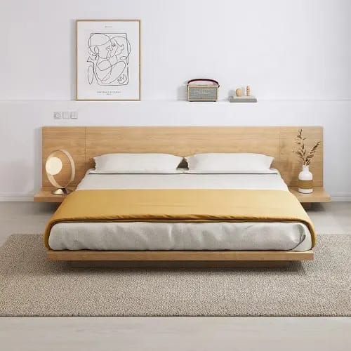 6 By 6ft Floating Bed Frame - Solid Oak Wood Tatami Bed With Headboard