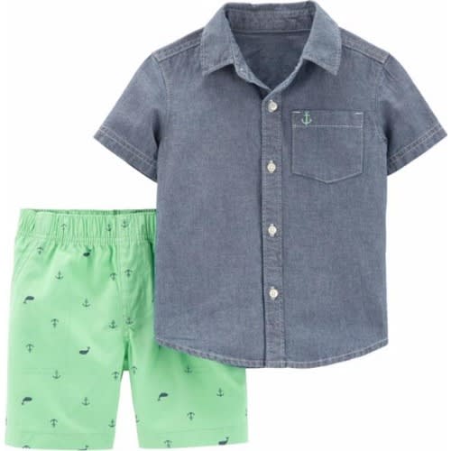 Boys 2 Piece Chambray Shirt Nautical Whale Ming Green Shorts