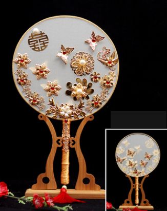Flowers LF821 Double-Sided Artificial Chinese Hand Round Fans Wedding Costume Photography Style 3D Accessories Fan Decorative