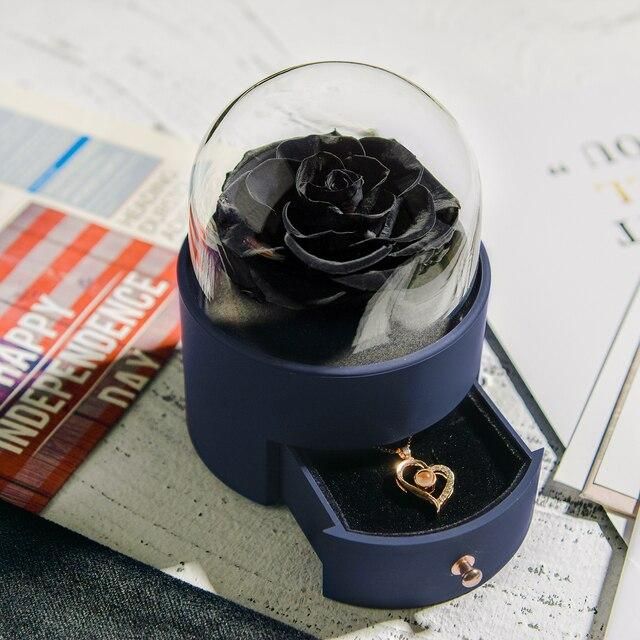 Valentine Gifts Eternal Rose Jewelry Box Preserved Flower Ring Storage Case with Necklace Forever Love Gift for Women Girlfriend