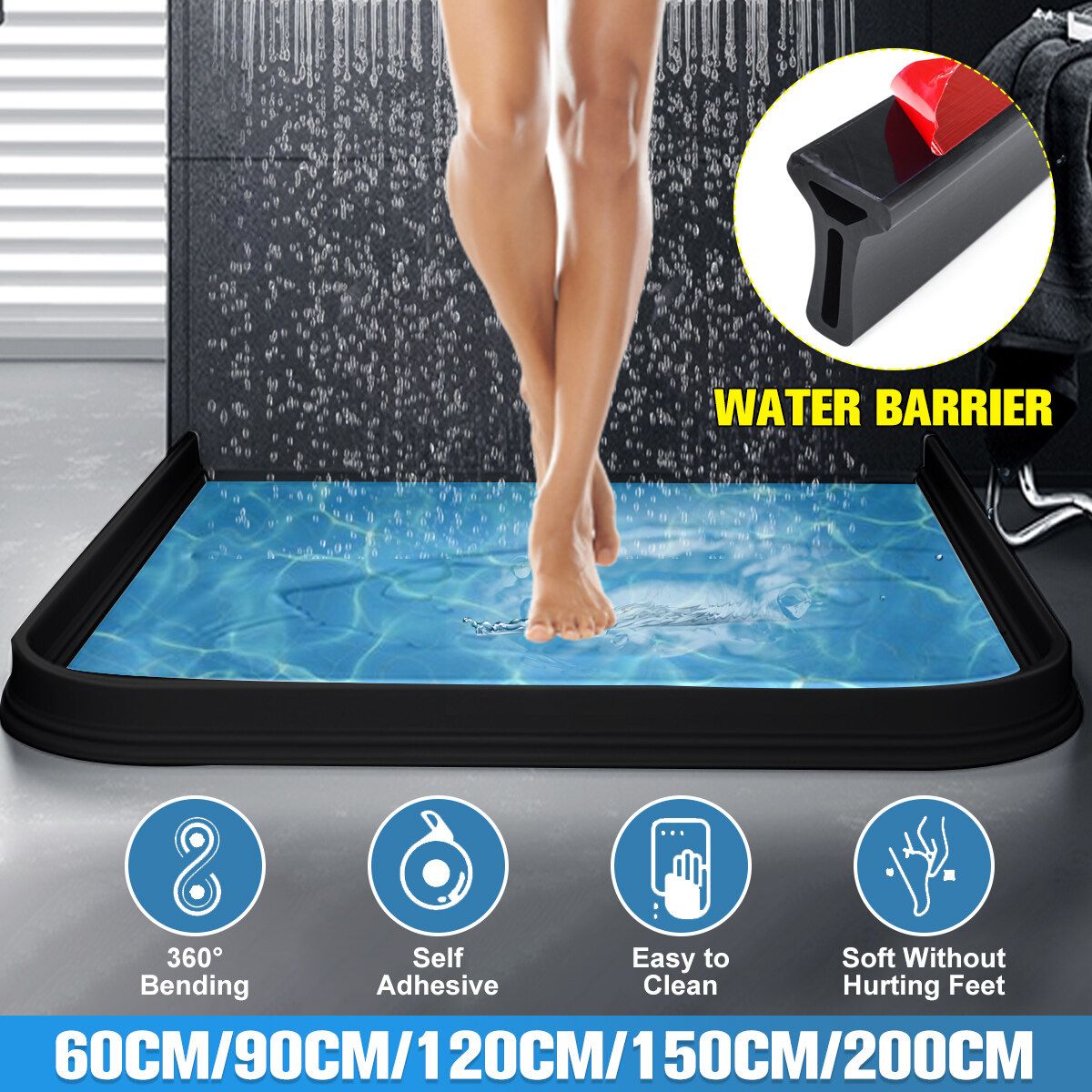 60-200cm Bathroom Kitchen Water Stopper Strip Shower Barrier Floor Black 150cm