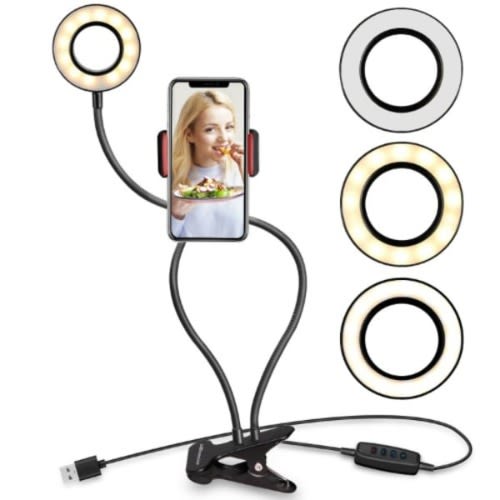 Phone Holder & Stand With Ring Light For Live Stream & Makeup - 3 Light Mode]